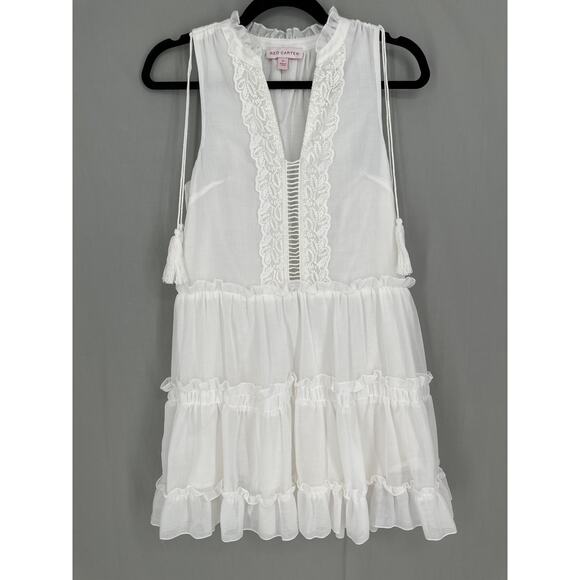 Red Carter Dress Womens XS White Mini Swim Cover Up Tiered Boho Cottage Beach - Picture 1 of 9